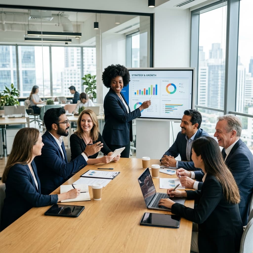 A group of professionals collaborating around a table with laptops and documents